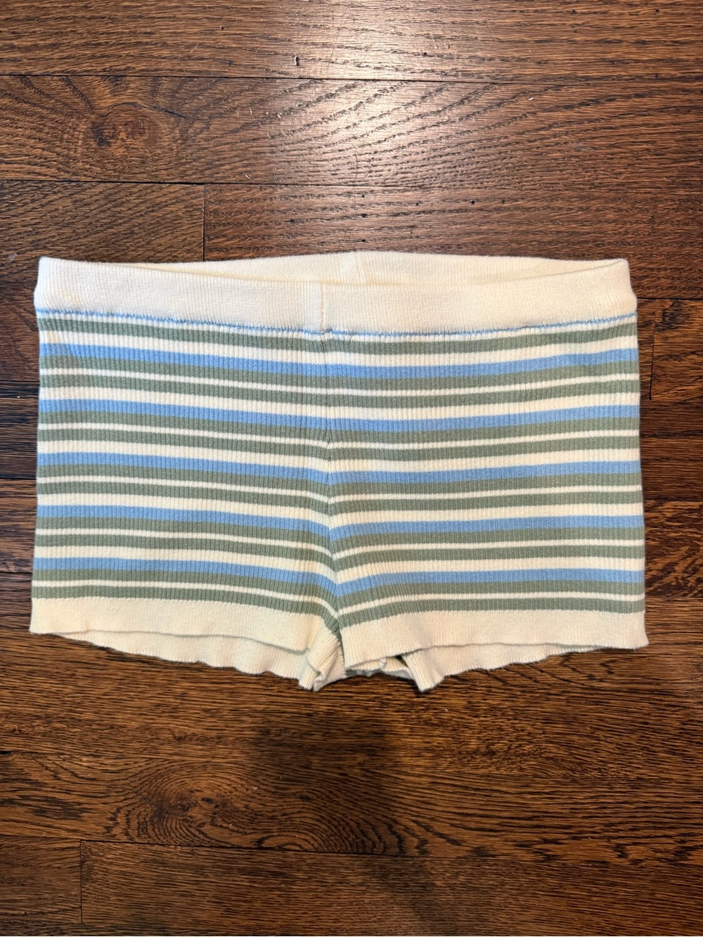 Edikted Striped Knit Shorts - Cream, Light Blue & Olive Green